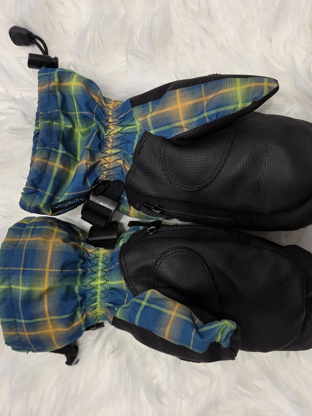 Gordini Plaid Blue & Yellow Ski Mittens with Black Palm